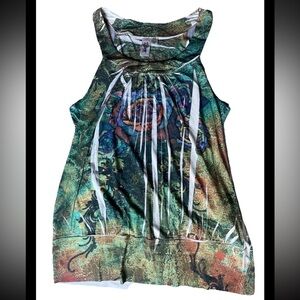 2/$30 L8ter Blouse Tank Top Women’s XL Green Blue Floral USA Made Whimsy EUC